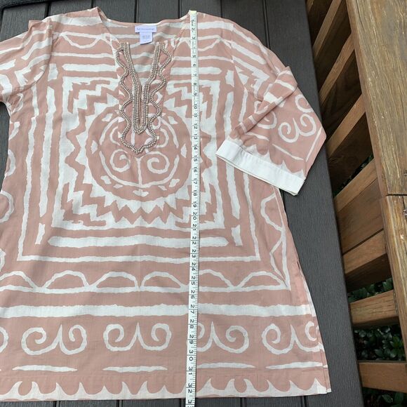 Soft Surroundings Pink White Tribal Top Tunic Cover Up Beaded Hook Closure Large - Picture 6 of 8